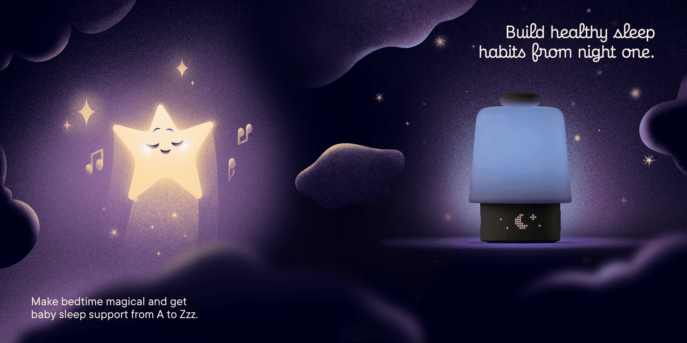 Stylized Hatch Baby on a table text: build healthy sleep habits from night one