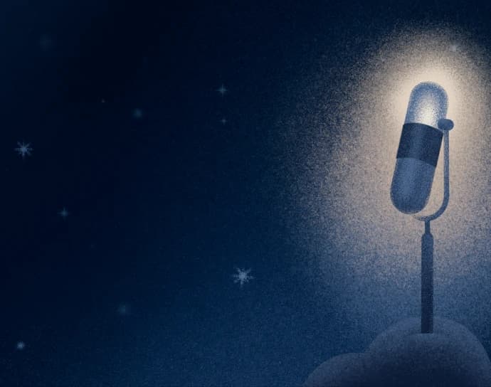 An illustrated microphone in the night sky