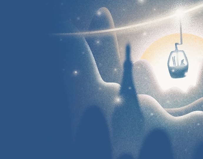 Stylized illustration of a ski lift going through the mountains